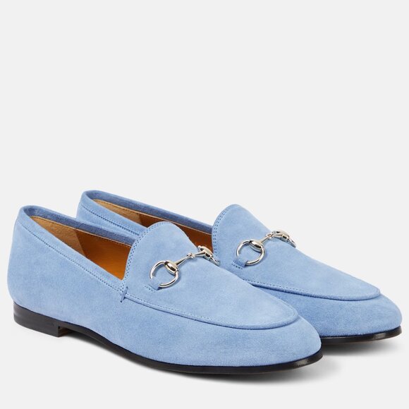 Gucci Jordaan Horsebit Bit Suede Slip On Loafers Flat Shoes Glacial Blue - Picture 1 of 15